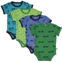 Pippi Kurzarm Body Blau/grün Bagger & Flugzeuge 4er Pack Baumwolle